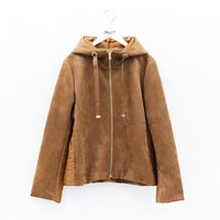 フード、ファースナ付きスエード調X中綿切り替えジャンパ