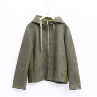 フード、ファースナ付きスエード調X中綿切り替えジャンパ