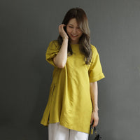 麻混 サイドアコーディオンプリーツスリットチュニック