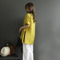 麻混 サイドアコーディオンプリーツスリットチュニック