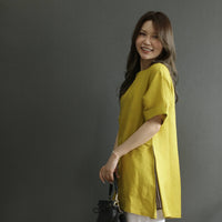 麻混 サイドアコーディオンプリーツスリットチュニック