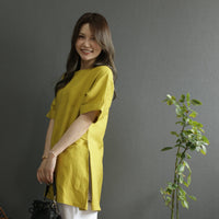 麻混 サイドアコーディオンプリーツスリットチュニック