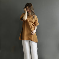 麻混 サイドアコーディオンプリーツスリットチュニック