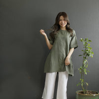 麻混 サイドアコーディオンプリーツスリットチュニック