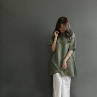 麻混 サイドアコーディオンプリーツスリットチュニック