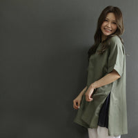 麻混 サイドアコーディオンプリーツスリットチュニック