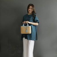 麻混 サイドアコーディオンプリーツスリットチュニック