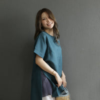 麻混 サイドアコーディオンプリーツスリットチュニック