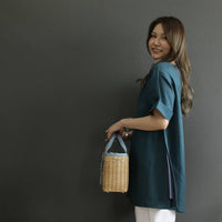 麻混 サイドアコーディオンプリーツスリットチュニック