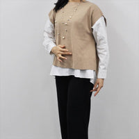 セーター ニット レディース 重ね着風 ベスト ドッキング トップス お洒落 シンプル フェミニン きれいめ 重ね着風 ニット シャツ 布帛 長袖 トップス 春 グレー ブラック グリーン ベージュ asone femme アズワンファム