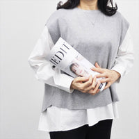 セーター ニット レディース 重ね着風 ベスト ドッキング トップス お洒落 シンプル フェミニン きれいめ 重ね着風 ニット シャツ 布帛 長袖 トップス 春 グレー ブラック グリーン ベージュ asone femme アズワンファム