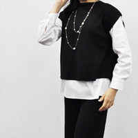 セーター ニット レディース 重ね着風 ベスト ドッキング トップス お洒落 シンプル フェミニン きれいめ 重ね着風 ニット シャツ 布帛 長袖 トップス 春 グレー ブラック グリーン ベージュ asone femme アズワンファム