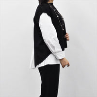 セーター ニット レディース 重ね着風 ベスト ドッキング トップス お洒落 シンプル フェミニン きれいめ 重ね着風 ニット シャツ 布帛 長袖 トップス 春 グレー ブラック グリーン ベージュ asone femme アズワンファム