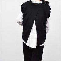 セーター ニット レディース 重ね着風 ベスト ドッキング トップス お洒落 シンプル フェミニン きれいめ 重ね着風 ニット シャツ 布帛 長袖 トップス 春 グレー ブラック グリーン ベージュ asone femme アズワンファム